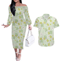 Hawaii Anthurium Tiare Pikake Lei Couples Matching Off The Shoulder Long Sleeve Dress and Hawaiian Shirt Sage Green Lauhala Art Pattern