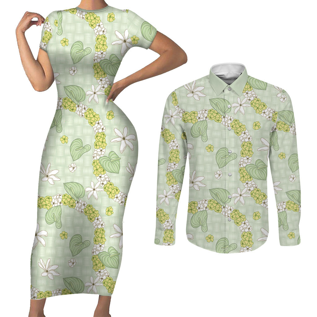 Hawaii Anthurium Tiare Pikake Lei Couples Matching Short Sleeve Bodycon Dress and Long Sleeve Button Shirt Sage Green Lauhala Art Pattern LT01 Green - Polynesian Pride