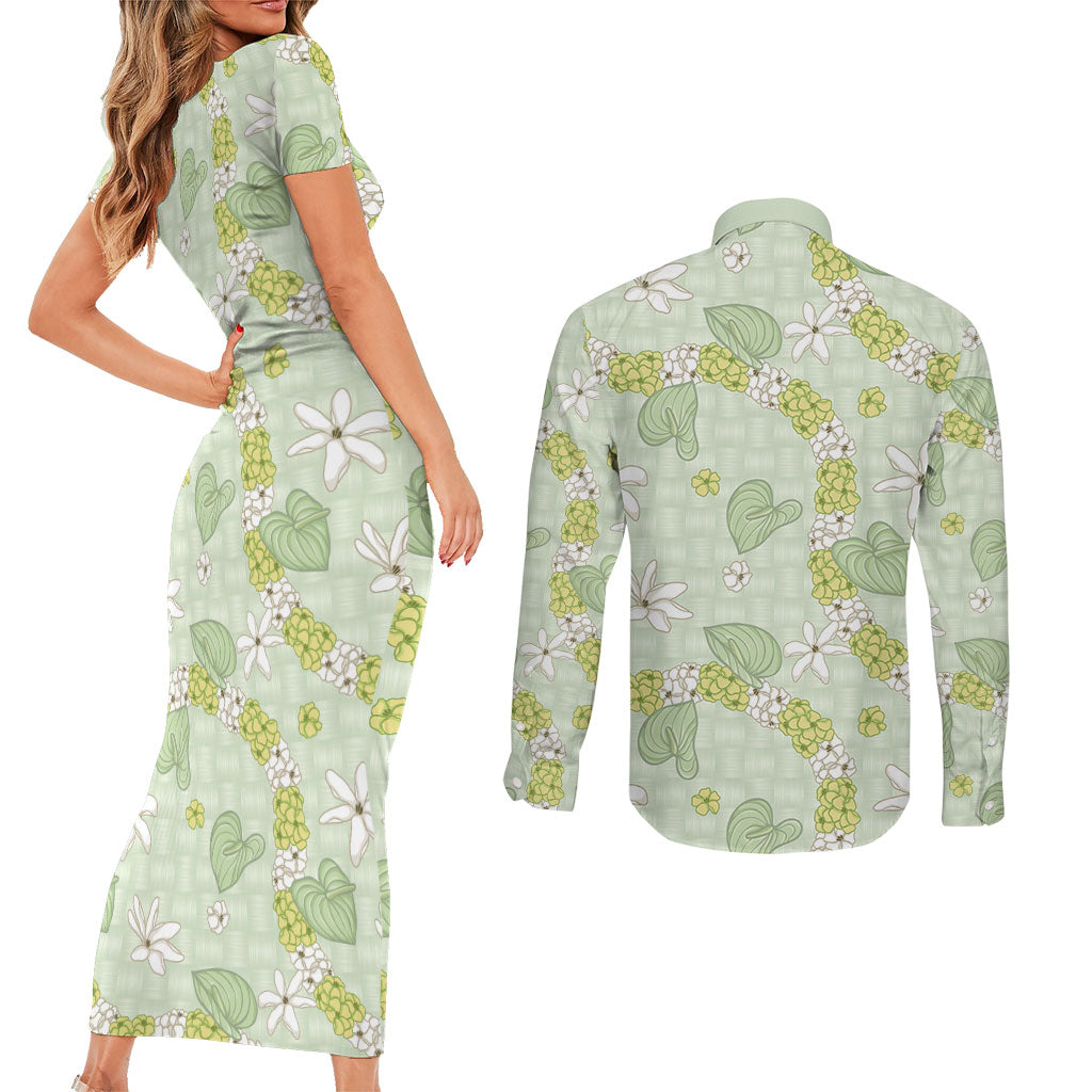 Hawaii Anthurium Tiare Pikake Lei Couples Matching Short Sleeve Bodycon Dress and Long Sleeve Button Shirt Sage Green Lauhala Art Pattern LT01 - Polynesian Pride