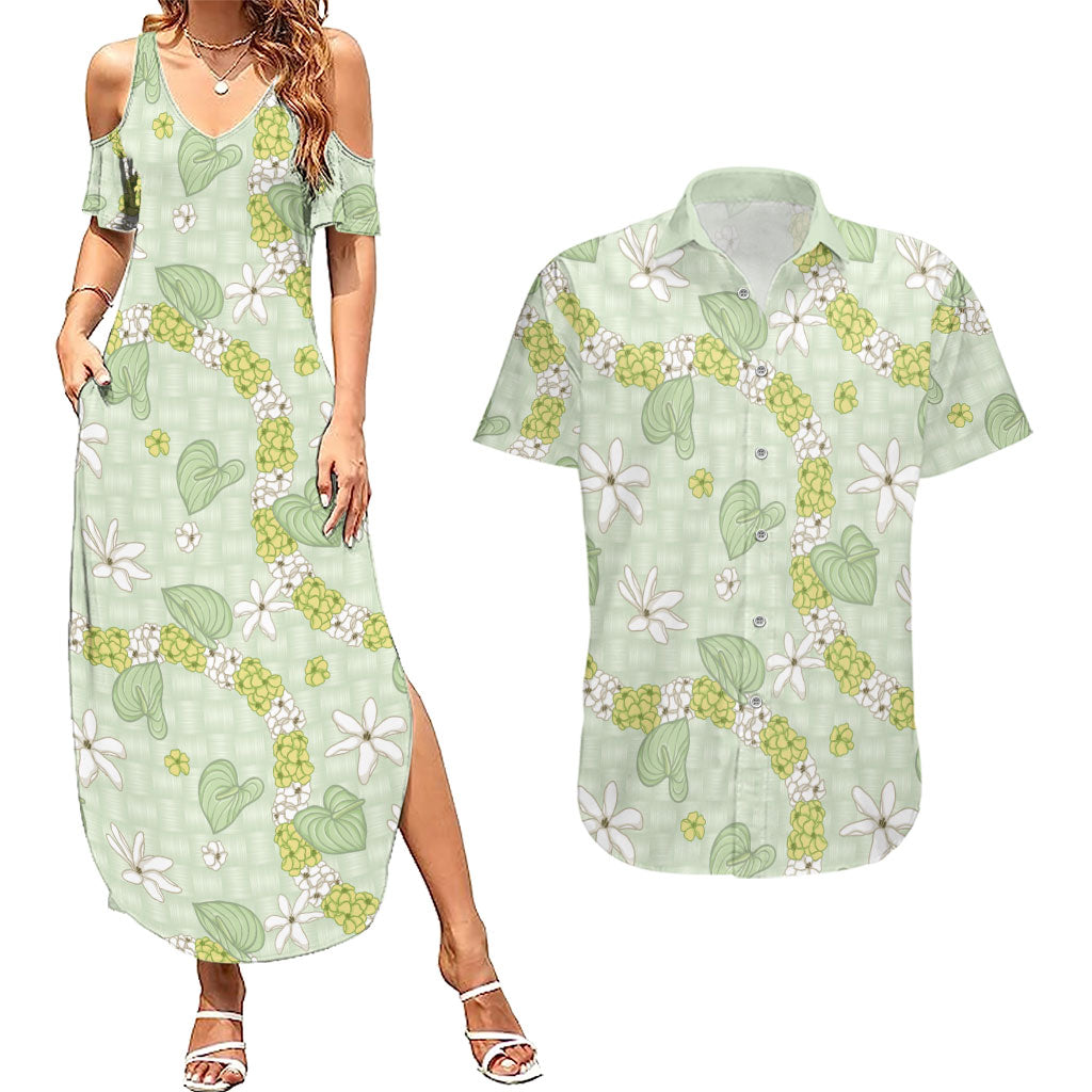 Hawaii Anthurium Tiare Pikake Lei Couples Matching Summer Maxi Dress and Hawaiian Shirt Sage Green Lauhala Art Pattern LT01 Green - Polynesian Pride