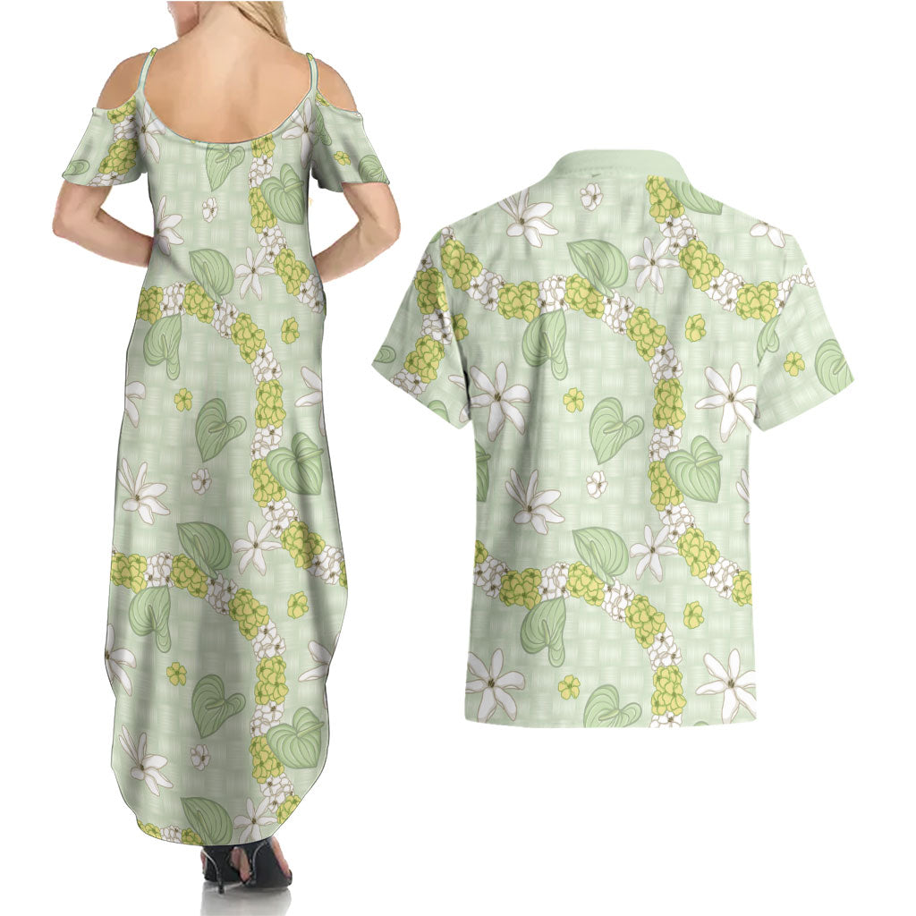 Hawaii Anthurium Tiare Pikake Lei Couples Matching Summer Maxi Dress and Hawaiian Shirt Sage Green Lauhala Art Pattern LT01 - Polynesian Pride