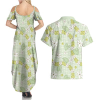 Hawaii Anthurium Tiare Pikake Lei Couples Matching Summer Maxi Dress and Hawaiian Shirt Sage Green Lauhala Art Pattern LT01 - Polynesian Pride