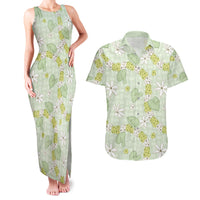 Hawaii Anthurium Tiare Pikake Lei Couples Matching Tank Maxi Dress and Hawaiian Shirt Sage Green Lauhala Art Pattern LT01 Green - Polynesian Pride