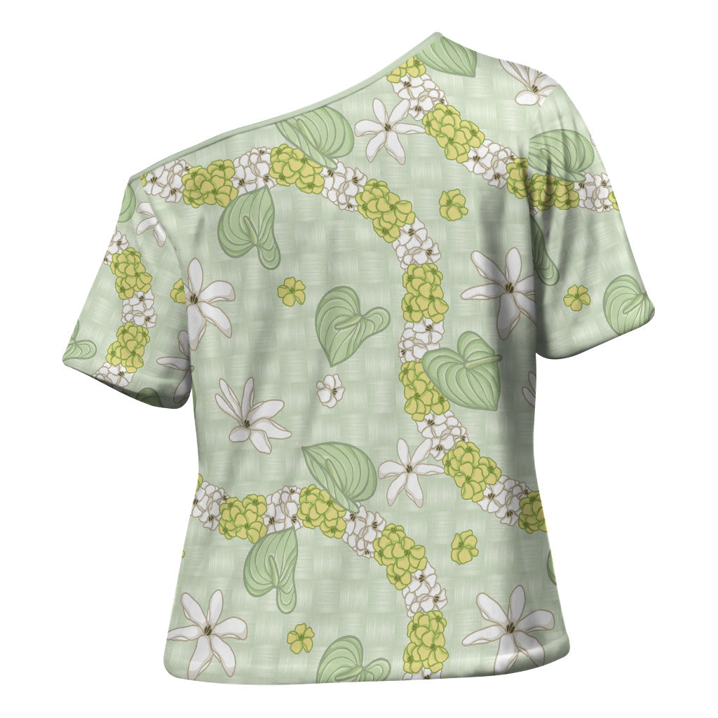 Hawaii Anthurium Tiare Pikake Lei Cross Shoulder Shirt Sage Green Lauhala Art Pattern