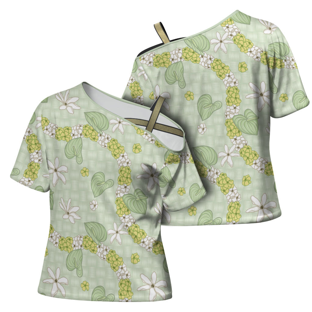Hawaii Anthurium Tiare Pikake Lei Cross Shoulder Shirt Sage Green Lauhala Art Pattern