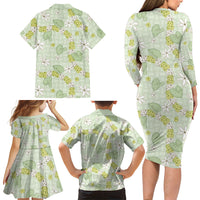 Hawaii Anthurium Tiare Pikake Lei Family Matching Long Sleeve Bodycon Dress and Hawaiian Shirt Sage Green Lauhala Art Pattern