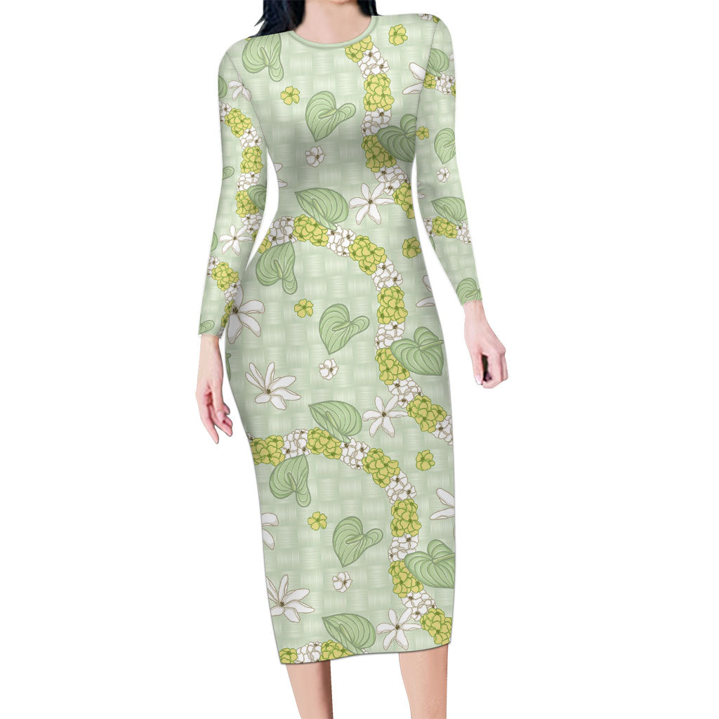 Hawaii Anthurium Tiare Pikake Lei Family Matching Long Sleeve Bodycon Dress and Hawaiian Shirt Sage Green Lauhala Art Pattern