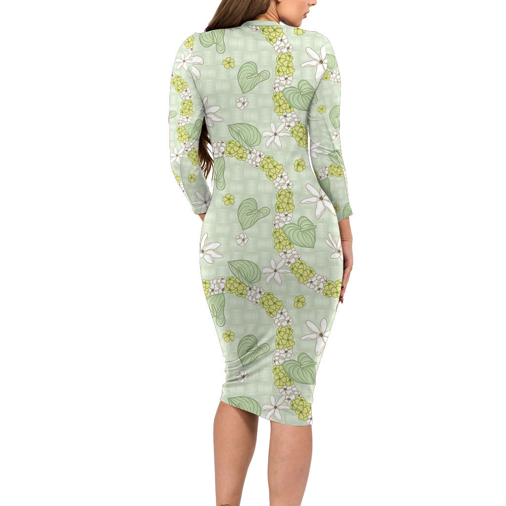 Hawaii Anthurium Tiare Pikake Lei Family Matching Long Sleeve Bodycon Dress and Hawaiian Shirt Sage Green Lauhala Art Pattern