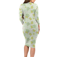 Hawaii Anthurium Tiare Pikake Lei Family Matching Long Sleeve Bodycon Dress and Hawaiian Shirt Sage Green Lauhala Art Pattern