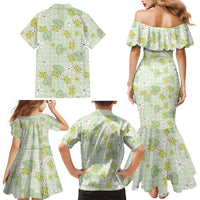 Hawaii Anthurium Tiare Pikake Lei Family Matching Mermaid Dress and Hawaiian Shirt Sage Green Lauhala Art Pattern