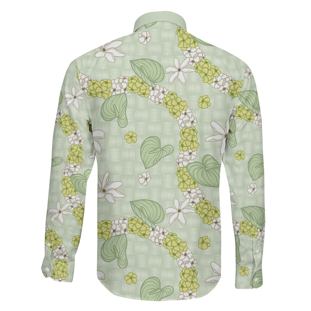 Hawaii Anthurium Tiare Pikake Lei Family Matching Mermaid Dress and Hawaiian Shirt Sage Green Lauhala Art Pattern