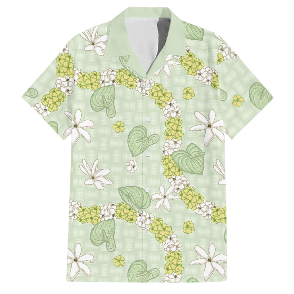 Hawaii Anthurium Tiare Pikake Lei Family Matching Off The Shoulder Long Sleeve Dress and Hawaiian Shirt Sage Green Lauhala Art Pattern