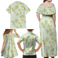 Hawaii Anthurium Tiare Pikake Lei Family Matching Off Shoulder Maxi Dress and Hawaiian Shirt Sage Green Lauhala Art Pattern