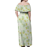 Hawaii Anthurium Tiare Pikake Lei Family Matching Off Shoulder Maxi Dress and Hawaiian Shirt Sage Green Lauhala Art Pattern