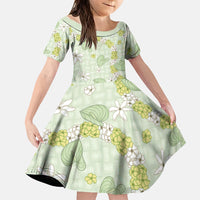 Hawaii Anthurium Tiare Pikake Lei Family Matching Off Shoulder Short Dress and Hawaiian Shirt Sage Green Lauhala Art Pattern