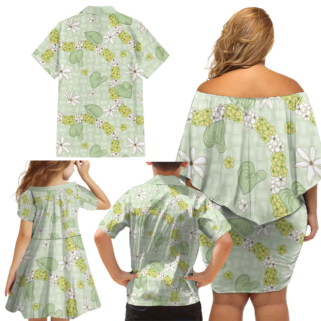 Hawaii Anthurium Tiare Pikake Lei Family Matching Off Shoulder Short Dress and Hawaiian Shirt Sage Green Lauhala Art Pattern