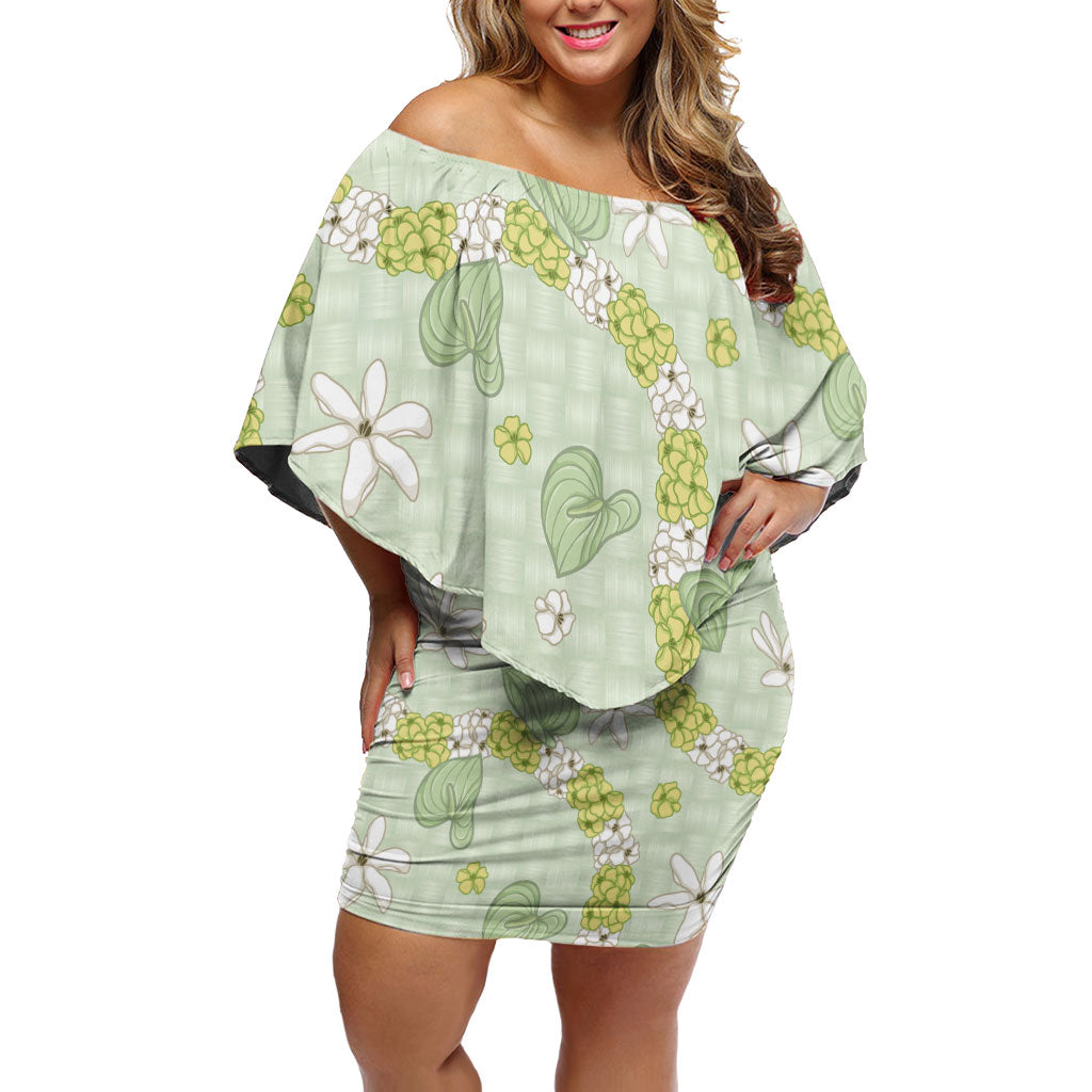 Hawaii Anthurium Tiare Pikake Lei Family Matching Off Shoulder Short Dress and Hawaiian Shirt Sage Green Lauhala Art Pattern