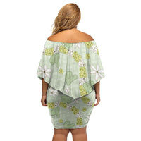 Hawaii Anthurium Tiare Pikake Lei Family Matching Off Shoulder Short Dress and Hawaiian Shirt Sage Green Lauhala Art Pattern