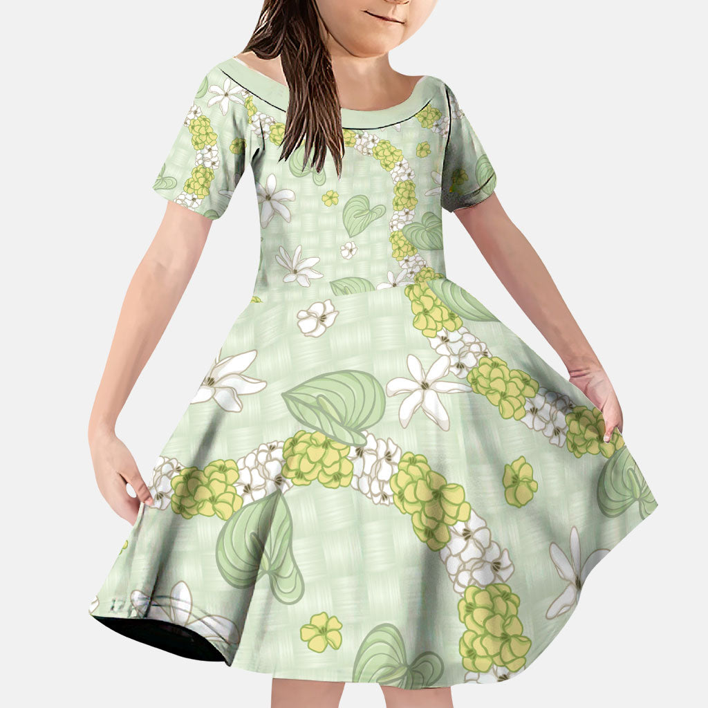 Hawaii Anthurium Tiare Pikake Lei Family Matching Short Sleeve Bodycon Dress and Hawaiian Shirt Sage Green Lauhala Art Pattern