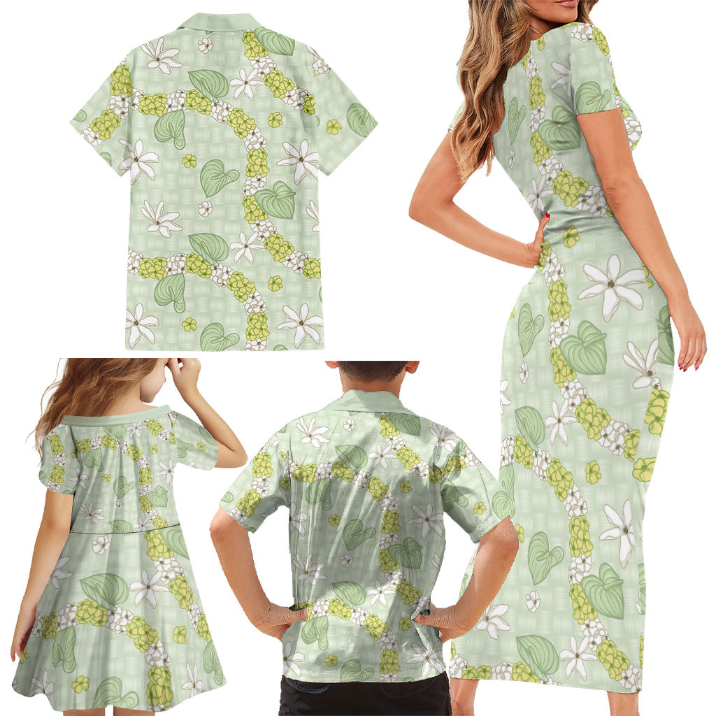 Hawaii Anthurium Tiare Pikake Lei Family Matching Short Sleeve Bodycon Dress and Hawaiian Shirt Sage Green Lauhala Art Pattern