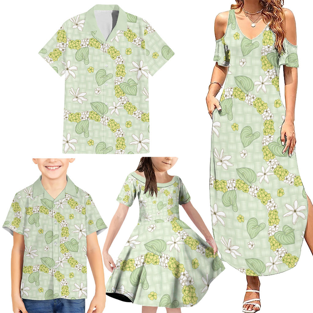Hawaii Anthurium Tiare Pikake Lei Family Matching Summer Maxi Dress and Hawaiian Shirt Sage Green Lauhala Art Pattern