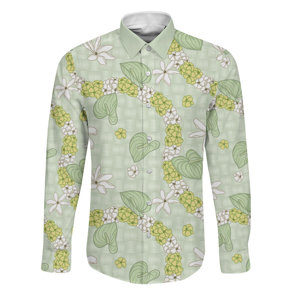 Hawaii Anthurium Tiare Pikake Lei Family Matching Summer Maxi Dress and Hawaiian Shirt Sage Green Lauhala Art Pattern