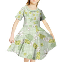 Hawaii Anthurium Tiare Pikake Lei Kid Short Sleeve Dress Sage Green Lauhala Art Pattern