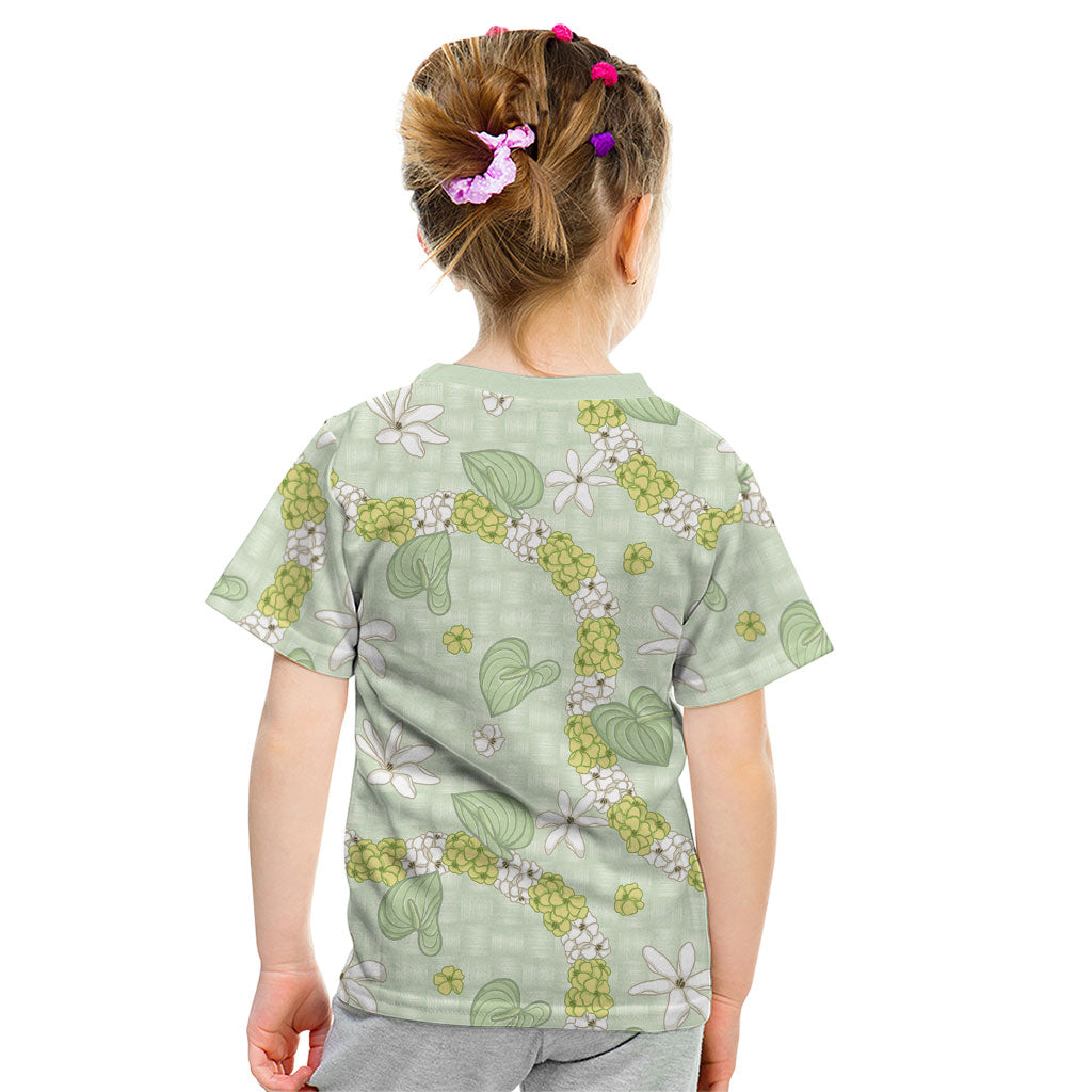 Hawaii Anthurium Tiare Pikake Lei Kid T Shirt Sage Green Lauhala Art Pattern