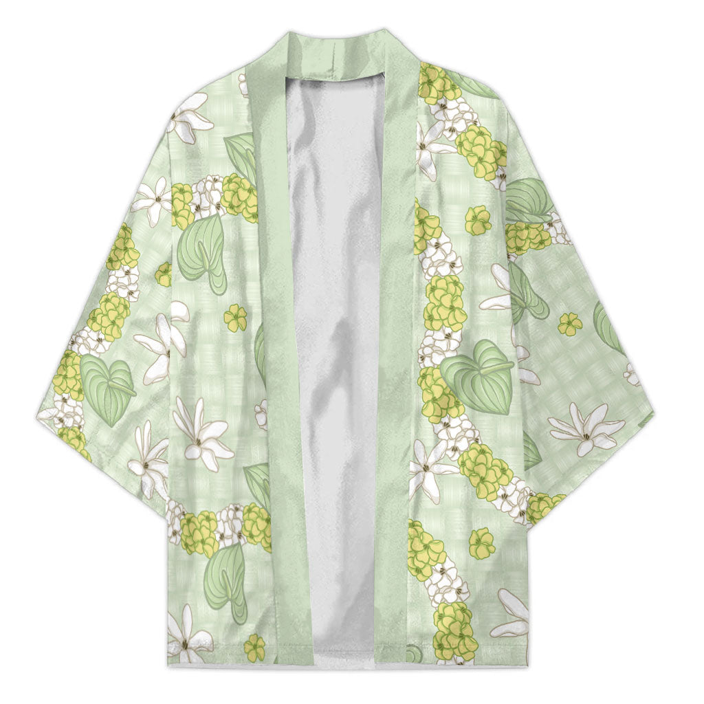 Hawaii Anthurium Tiare Pikake Lei Kimono Sage Green Lauhala Art Pattern