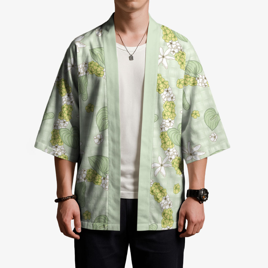 Hawaii Anthurium Tiare Pikake Lei Kimono Sage Green Lauhala Art Pattern