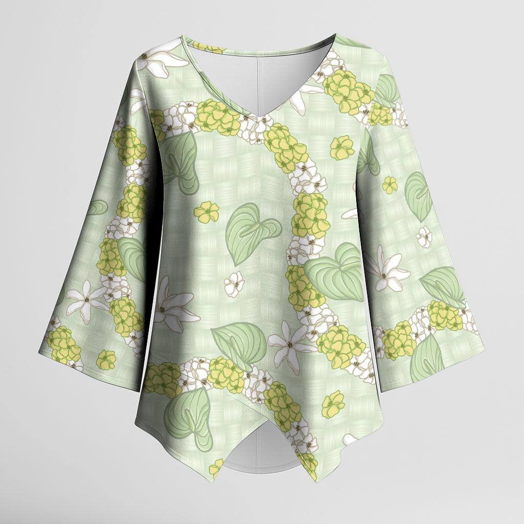 Hawaii Anthurium Tiare Pikake Lei Kimono Sleeve Blouse Sage Green Lauhala Art Pattern LT01 Female Green - Polynesian Pride