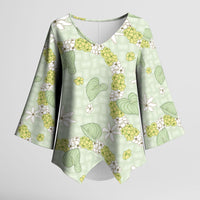 Hawaii Anthurium Tiare Pikake Lei Kimono Sleeve Blouse Sage Green Lauhala Art Pattern LT01 Female Green - Polynesian Pride