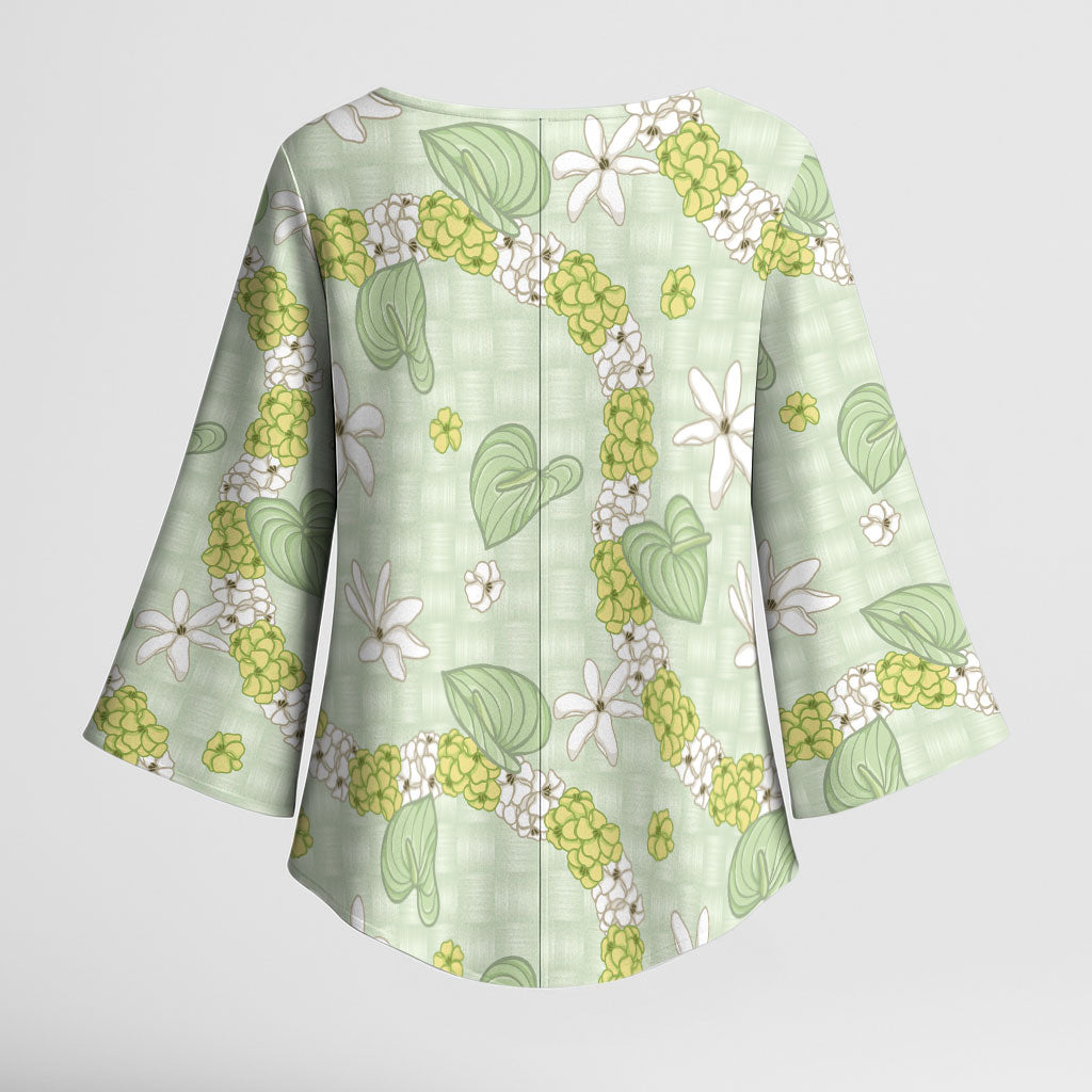 Hawaii Anthurium Tiare Pikake Lei Kimono Sleeve Blouse Sage Green Lauhala Art Pattern LT01 - Polynesian Pride