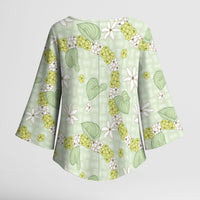 Hawaii Anthurium Tiare Pikake Lei Kimono Sleeve Blouse Sage Green Lauhala Art Pattern LT01 - Polynesian Pride