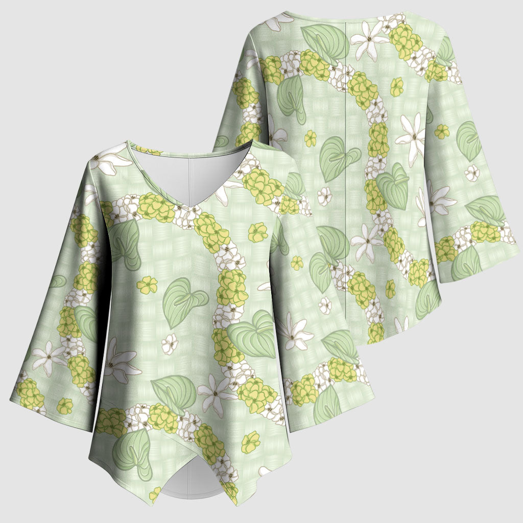 Hawaii Anthurium Tiare Pikake Lei Kimono Sleeve Blouse Sage Green Lauhala Art Pattern LT01 - Polynesian Pride