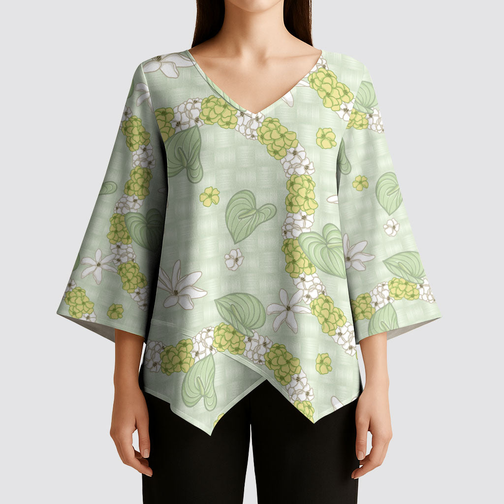 Hawaii Anthurium Tiare Pikake Lei Kimono Sleeve Blouse Sage Green Lauhala Art Pattern LT01 - Polynesian Pride