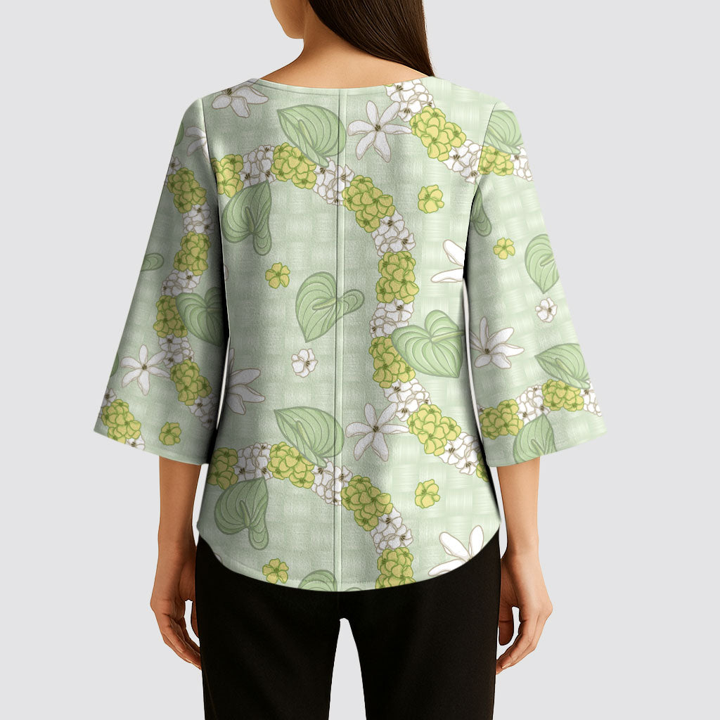 Hawaii Anthurium Tiare Pikake Lei Kimono Sleeve Blouse Sage Green Lauhala Art Pattern LT01 - Polynesian Pride