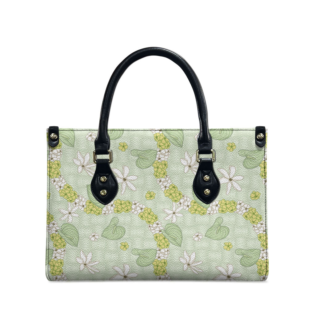 Hawaii Anthurium Tiare Pikake Lei Leather Bag Sage Green Lauhala Art Pattern