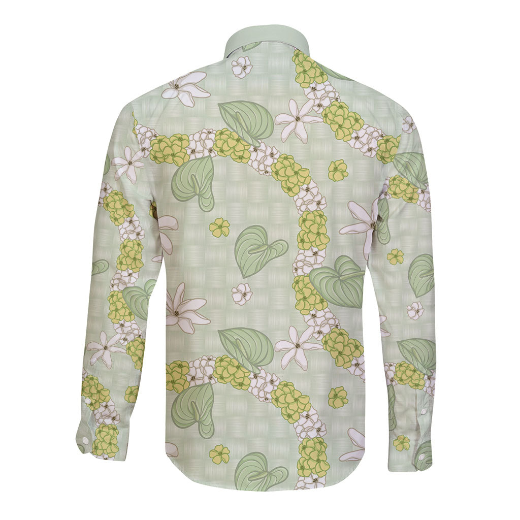 Hawaii Anthurium Tiare Pikake Lei Long Sleeve Button Shirt Sage Green Lauhala Art Pattern LT01 - Polynesian Pride