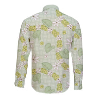 Hawaii Anthurium Tiare Pikake Lei Long Sleeve Button Shirt Sage Green Lauhala Art Pattern LT01 - Polynesian Pride