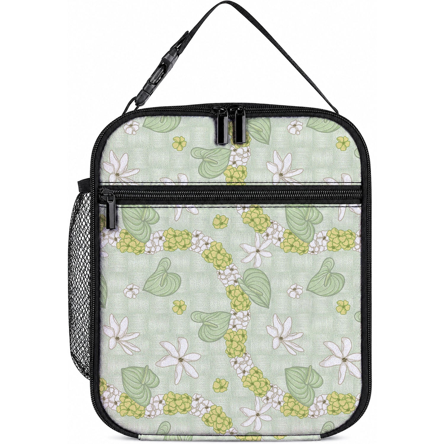 Hawaii Anthurium Tiare Pikake Lei Lunch Bag Sage Green Lauhala Art Pattern