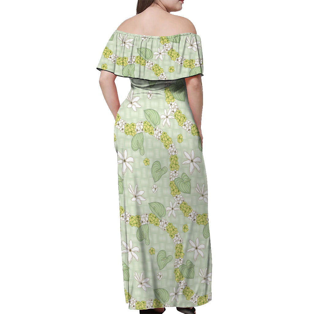 Hawaii Anthurium Tiare Pikake Lei Off Shoulder Maxi Dress Sage Green Lauhala Art Pattern