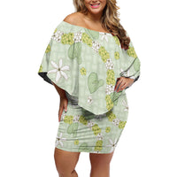Hawaii Anthurium Tiare Pikake Lei Off Shoulder Short Dress Sage Green Lauhala Art Pattern
