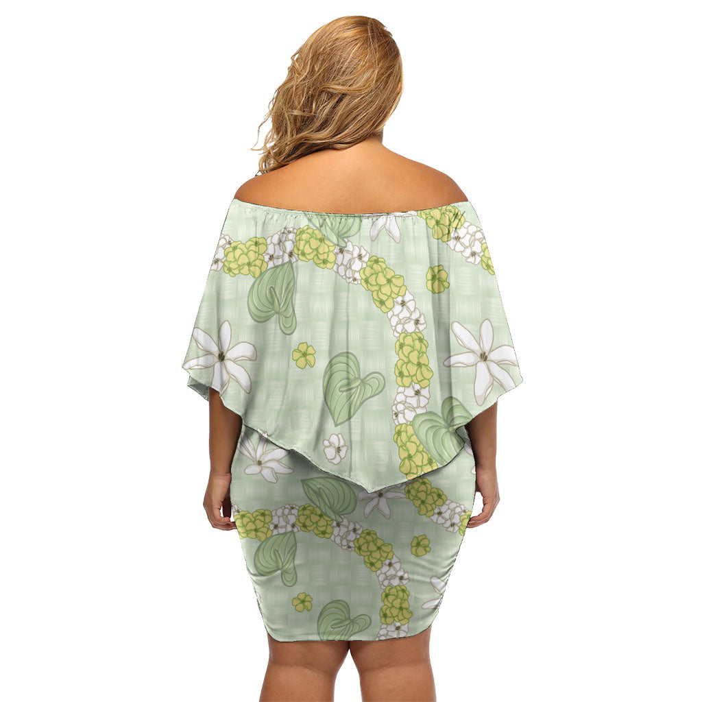 Hawaii Anthurium Tiare Pikake Lei Off Shoulder Short Dress Sage Green Lauhala Art Pattern