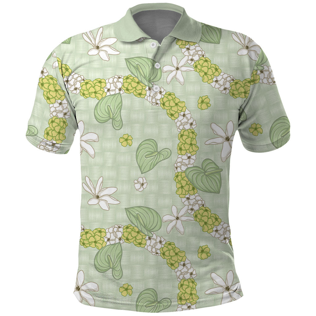 Hawaii Anthurium Tiare Pikake Lei Polo Shirt Sage Green Lauhala Art Pattern
