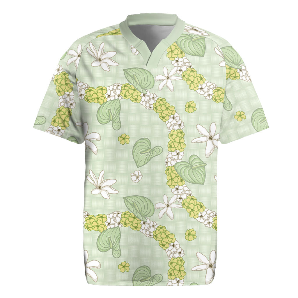 Hawaii Anthurium Tiare Pikake Lei Rugby Jersey Sage Green Lauhala Art Pattern