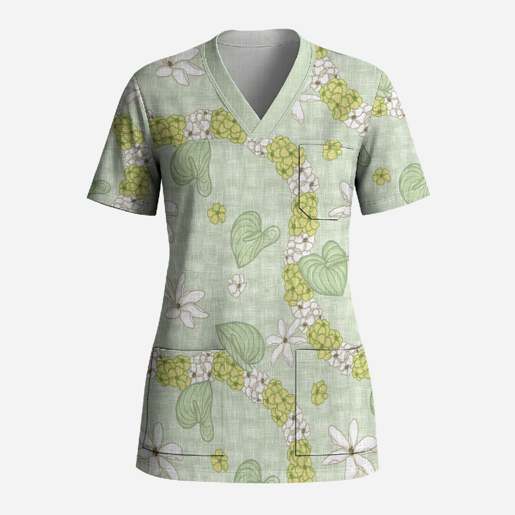 Hawaii Anthurium Tiare Pikake Lei Scrub Top Sage Green Lauhala Art Pattern