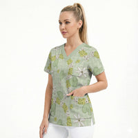 Hawaii Anthurium Tiare Pikake Lei Scrub Top Sage Green Lauhala Art Pattern