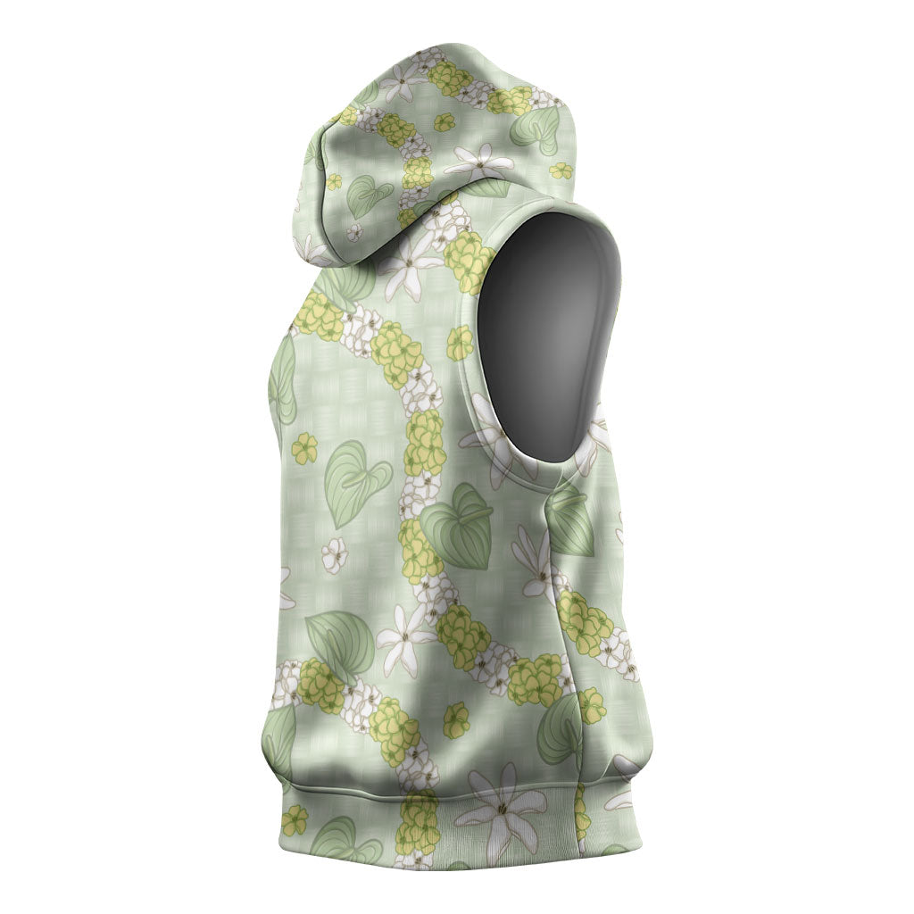 Hawaii Anthurium Tiare Pikake Lei Sleeveless Hoodie Sage Green Lauhala Art Pattern