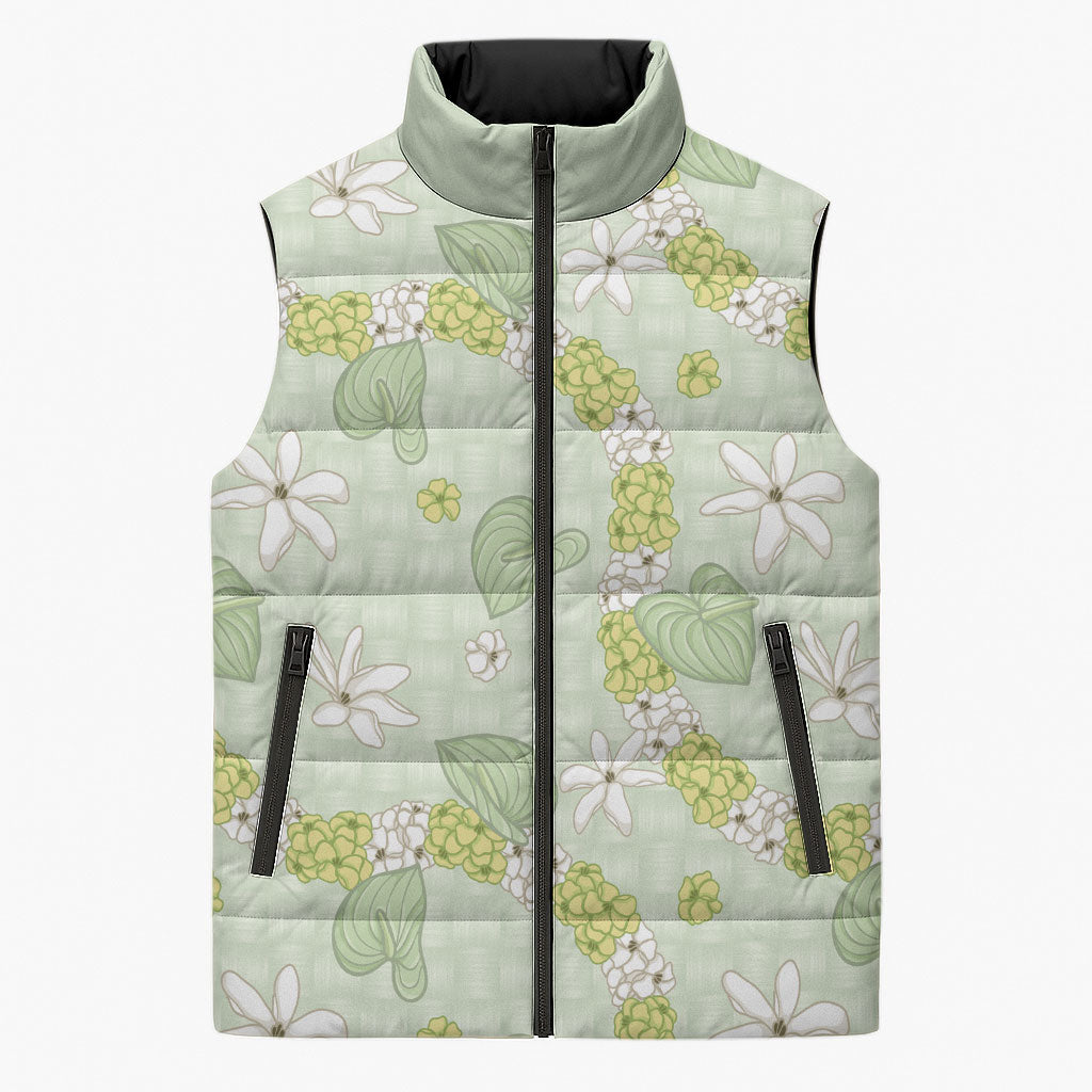 Hawaii Anthurium Tiare Pikake Lei Sleeveless Puffer Jacket Sage Green Lauhala Art Pattern LT01 Unisex Green - Polynesian Pride